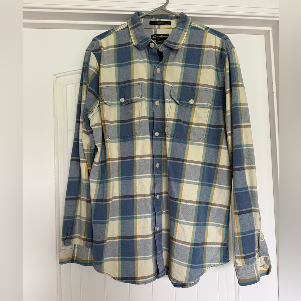 Eddie Bauer Blue and Cream Plaid Button-Down Shirt